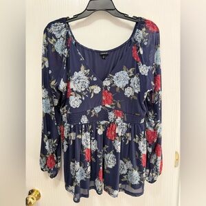 torrid Navy Floral V-Neck Smocked Waist Babydoll Red & Blue Flowers Size 2